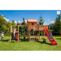 Fungoo Spielturm 'My Space xl Spider+', teak, mit Rutsche, Haus mit Holzdach, Leiter, Kletterturm und Trapez