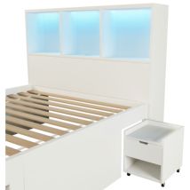 Funktionsbett Mit Stauraum Und Einem Beweglichen Nachttisch(1 Stück), Einzelbett Holz Mit Led Beleuchtung Usb-c Ladefunktion, Jugendbett Mit 