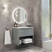 Bathroom Vanity Unit Floating Storage Basin Gloss Grey 1-Drawer 60cm With Chrome Handle - Furneo
