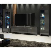 Furneo - Grey Living Room Set tv Stand Display Cabinets High Gloss & Matt Azzurro10/12G Blue led Lights