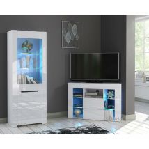 Furneo - High Gloss & Matt White Living Room Set Corner tv Stand Display Cabinet Blue led Lights