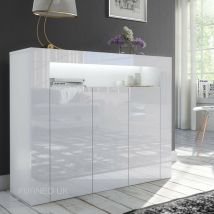 Furneo - Matt & High Gloss White 3-door Sideboard Cabinet Cupboard Unit Clifton04 White led Lights
