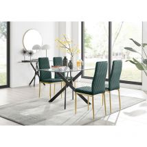 Furniturebox Uk - Furniturebox leonardo 120cm Modern Glass And Black Metal Leg Dining Table and 4 Green Milan Velvet Dining Chairs With Gold Legs