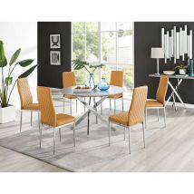 Furniturebox novara Grey Concrete Effect 120cm Round Modern Dining Table & 6 Mustard Milan Chrome Leg Faux Leather Chairs