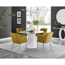 Furniturebox palma White Marble Effect 120cm Round Minimalist Dining Table & 4 Mustard Calla Silver Leg Velvet Chairs