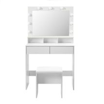 Furniturer Schminktisch Mit Led-beleuchtung, 3 Farben, Einstellbare Helligkeit, Spiegel, Ablagen, Hocker, 2 Schubladen, Weiß