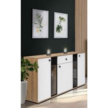 Furnix - buffet sarai tiroir buffet 3 portes portes en verre 140 cm blanc artisanal