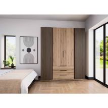 Der Kleiderschrank Timotes 200 cm mit drei Schubladen Lamellen Braun - Furnix