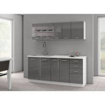 Küchenmöbel -Set Mieza 180 cm mit Hängeschränken Grau glänzend und Weiß - Furnix