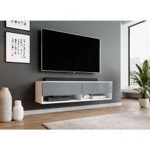 Furnix - tv Lowboard Alyx tv Cabinet Commode w140 x h34 x d32 cm - sans led - White Matt / Shiny Grey - Weiß