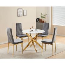Furnizone Uk - Auric Round White Marble-Effect Glass Dining Table with 4 Glitz Grey Velvet Chairs