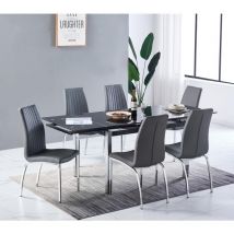 Furnizone Uk - Grande Black Glass 6-Seater Dining Table with 6 Modalux Grey Faux Leather Chairs
