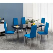 Furnizone Uk - Grande Black Glass 6-Seater Dining Table with 6 Monza Blue Velvet Chairs