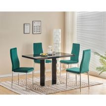 Furnizone Uk - Meridian 4-Seater Black Glass and Black High Gloss Dining Table with 4 Monza Green Velvet Chairs