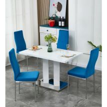 Meridian 4-Seater White High Gloss Dining Table with 4 Monza Blue Velvet Chairs - Furnizone Uk