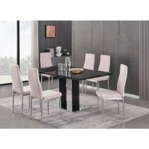 Furnizone Uk - Meridian 6-Seater Black Glass and Black High Gloss Dining Table with 6 Monza Pink Velvet Chairs