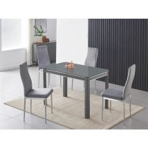 Milano 4-Seater Grey Glass Top and Grey Metal Legs Dining Table with 4 Monza Grey Velvet Chairs - Furnizone Uk