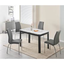 Furnizone Uk - Milano 4-Seater White Marble-Effect Glass Top and Black Metal Legs Dining Table with 4 Modalux Grey Faux Leather Chairs