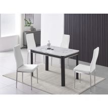 FURNIZONE UK Milano 4-Seater White Marble-Effect Glass Top and Black Metal Legs Dining Table with 4 Monza White Faux Leather Chairs