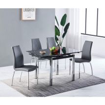 Furnizone Uk - Piccolo Black Glass 4-Seater Dining Table with 4 Modalux Grey Faux Leather Chairs