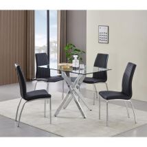 Furnizone Uk - Rexel 120 cm Rectangular Clear Glass Dining Table with 4 Modalux Black Chairs Faux Leather Chairs