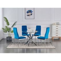 Furnizone Uk - rolex 100 cm Round Clear Glass Dining Table with 4 Monza Blue Velvet Chairs
