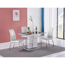 FURNIZONE UK Tivoli Grey Glass 4-Seater Dining Table with 4 Modalux White Faux Leather Chairs