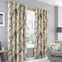 Ensley Botanical Print 100% Cotton Eyelet Lined Curtains, Ochre, 66 x 54 Inch - Fusion