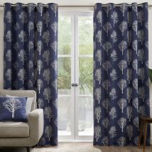 Woodland Trees Print 100% Cotton Eyelet Lined Curtains, Navy, 46 x 72 Inch - Fusion