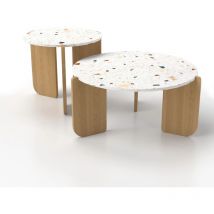 Ensemble de 2 tables basses rondes modernes en marbre naturel et base en placage de bois pour salon et chambre à coucher - Futurefurniture