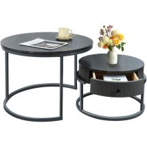 Futurefurniture - Table basse avec tiroirs, tables gigognes, gris, lot de 2, table d'appoint, cadre gris, tables rondes avec motif en marbre, salon,