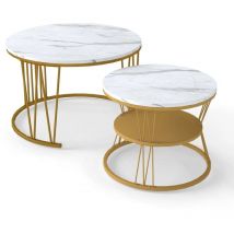 Table basse, table gigogne, design tambour élégant, lot de 2, table d'appoint, cadre doré, tables rondes avec motif en marbre (blanc)