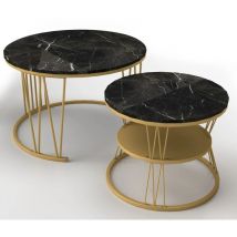 Futurefurniture - Table basse, tables gigognes, design tambour élégant, lot de 2, table d'appoint, cadre doré, tables rondes avec motif en marbre