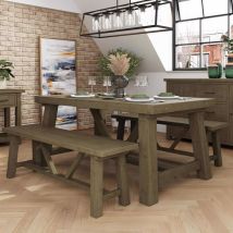 Iqgb - FWStyle Dining Table & 2 Benches + Leaf Extender Set Solid Pine 160cm