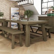 FWStyle Dining Table & 2 Benches + Leaf Extender Set Solid Pine 200cm Table