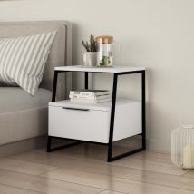 Fwstyle - Matt White 1 Drawer Modern Bedside Table Nightstand Black Metal Frame