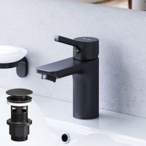 Badarmatur mit Pop-Up Ablaufventil für Waschbecken Wasserhahn Bad Schwarz Waschtischarmatur mit Ablaufgarnitur 1 1/4 Zoll Messing Ventil Ablauf