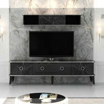 Homemania - Mueble tv con mueble alto Bientv 180 efecto mármol negro y detalles plata