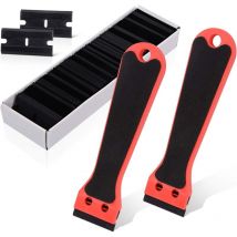 2 grattoirs en plastique avec 100 lames, grattoir à long manche pour enlever les étiquettes, colle, peinture, autocollants et décalcomanies, rouge