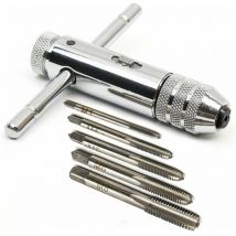 T-Ratchet with Left Hand Rotation, Adjustable T-Shaped Tap Wrench, hss Ratchet Tap Holder, T-Handle Wrench with Hand Taps in 5 Sizes, M3-M8, 3-8mm