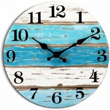 GABRIELLE Wall Clock - Blue Beach Wall Clock Battery Operated Silent Non Ticking Rustic Coastal Nautical Clock Round Vintage Decorative for Home