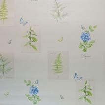 Galerie - Botanical Wallpaper Butterflies Floral Rose Blue White Green Ferns