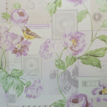 Galerie - Postcard Stamp Floral Wallpaper White Cream Grey Green Purple Birds