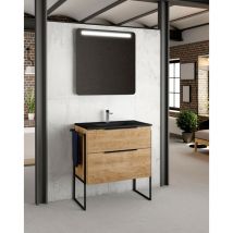 Baño Total - Mueble de Baño Al Suelo con Lavabo Cerámico Negro 2 cajones con Cierre Amortiguado y Organizador 60 cm Roble Natural Tirador Negro
