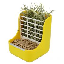 Gamelle pour lapin, gamelle pour cochon d'Inde, distributeur automatique de nourriture suspendu 2 en 1 pour petits animaux, mangeoire à foin - Jaune