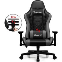 Gaming-Stuhl, ergonomischer Gaming-Sessel mit 90° bis 170° Neigung, höhenverstellbar und mit verstellbaren Kissen - Grau