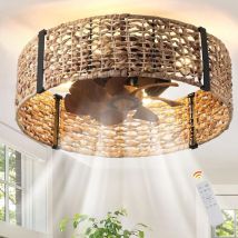 Ganeed - 20' Boho Fandelier Ceiling Fan with Light, Rattan Caged Ceiling Fan with Light and Remote Control, Quiet Reversible Motor Enclosed Low
