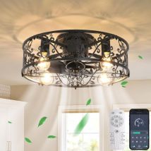 Ganeed - Caged Ceiling Fans with Lights, Black Flush Mount Ceiling Fan with Remote, Small Low Profile Bladeless Ceiling Fan Light Fixture for