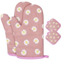 Gants de Four, 1 Paire Gants de Cuisine Coton avec 2 Maniques Cuisine, Lavable Gant Cuisine Four, Gants de Cuisine Antidérapants, Gant Cuisine Anti
