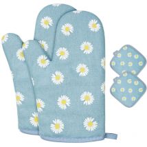 Gants de Four, 1 Paire Gants de Cuisine Coton avec 2 Maniques Cuisine, Lavable Gant Cuisine Four, Gants de Cuisine Antidérapants, Gant Cuisine Anti